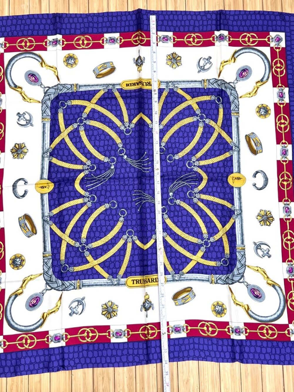 New- Beautiful Trussardi 100% silk Scarf satin 35" Purple Blue White Gold (17 - Picture 12 of 16